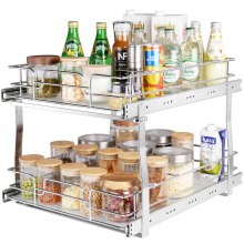 VEVOR Organizador de gabinete extraíble de 2 niveles, 17 pulgadas de ancho x 21 pulgadas de profundidad, estantes de despensa deslizables de alta resistencia, cajones enrollables de acero cromado, almacenamiento de cajones deslizantes para el interior del gabinete de cocina, baño, debajo del fregadero