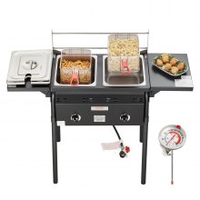 VEVOR Freidora de propano para exteriores, freidora comercial de doble quemador, cocina de acero inoxidable de 16 cuartos con cestas, tapas y tanques extraíbles, carrito de freidora de aceite con term