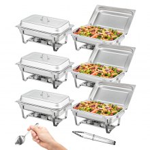 VEVOR Juego de bufé de platos de frotamiento, 8 cuartos de galón, paquete de 6, Chafer de acero inoxidable con 6 sartenes de tamaño completo, Servidor de calentador de catering rectangular con tapa Bandeja de agua Soporte plegable Soporte de combustible Bandeja Cuchara Clip, al menos 8 personas cada uno
