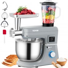 VEVOR Batidora de pie 5 en 1, batidora eléctrica multifuncional con cabezal inclinable de 660 W con sincronización de pantalla LCD de 6 velocidades, tazón de acero inoxidable de 7.4 cuartos de galón, gancho para masa, batidor plano, batidor, raspador, picadora de carne, taza de jugo - gris